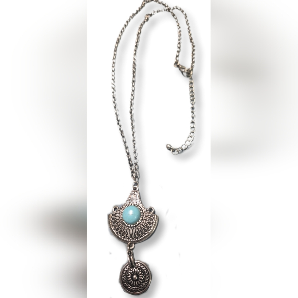 Silver Toned 22" Chain Necklace with Turquoise & Silver Tone Crescent Pendant